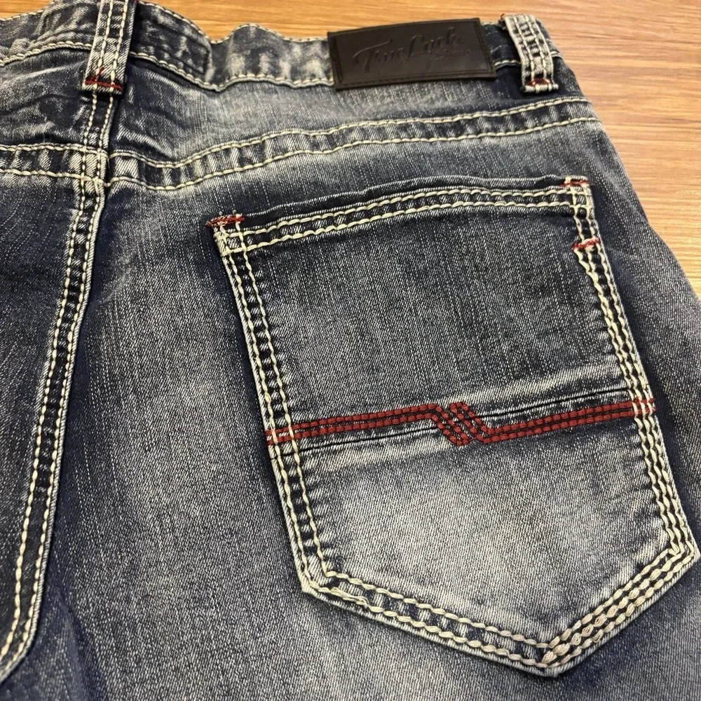 True Luck Jeans Mens 34x30 Dark Distressed Wash Straight Leg Red Stitching Faded